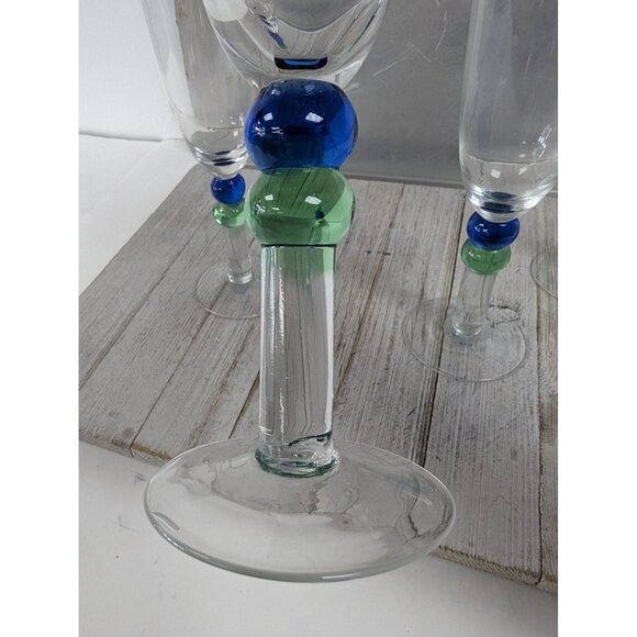 French Style Set of 4 Wine Drinking Glasses 8 5/8" Tall Clear Blue Green Stem - Picture 7 of 9